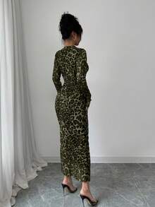 Elenzga Women's Elegant Leopard Print Elastic Mesh Ruched Bodycon Dress - Dark Green - View 2