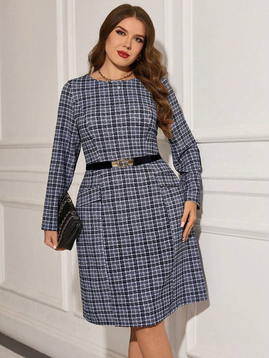 EMERY ROSE 大码优雅格纹收腰中长连衣裙，适合通勤。 - 彩色 - 查看 1