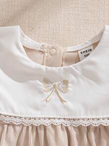 Souflis Souflis 女童白色領結刺繡荷葉邊燈芯絨泡泡袖寬鬆甜美仙女公主風可愛時尚洋裝，適合嬰兒洗禮、生日、秋季 - 米色 - 查看 4