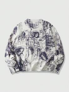 ROMWE MEN Street Life Men's Abstract Figure Print Sweater, Fashionable For Autumn/Winter - White - View 2
