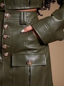 Radiana 女士新款春秋季PU皮革纽扣装饰修身迷你裙，时尚休闲别致修身半身裙 - 軍綠色 - 查看 2