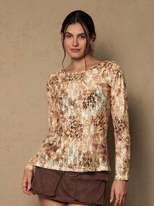 SHEIN VCAY 大码女式豹纹蕾丝印花长袖休闲衬衫 - 彩色 - 查看 5