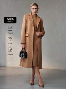 MOTF PREMIUM WOOL LAPEL COLLAR FLAP DETAIL BELTED LONG OVERCOAT - Khaki - View 1