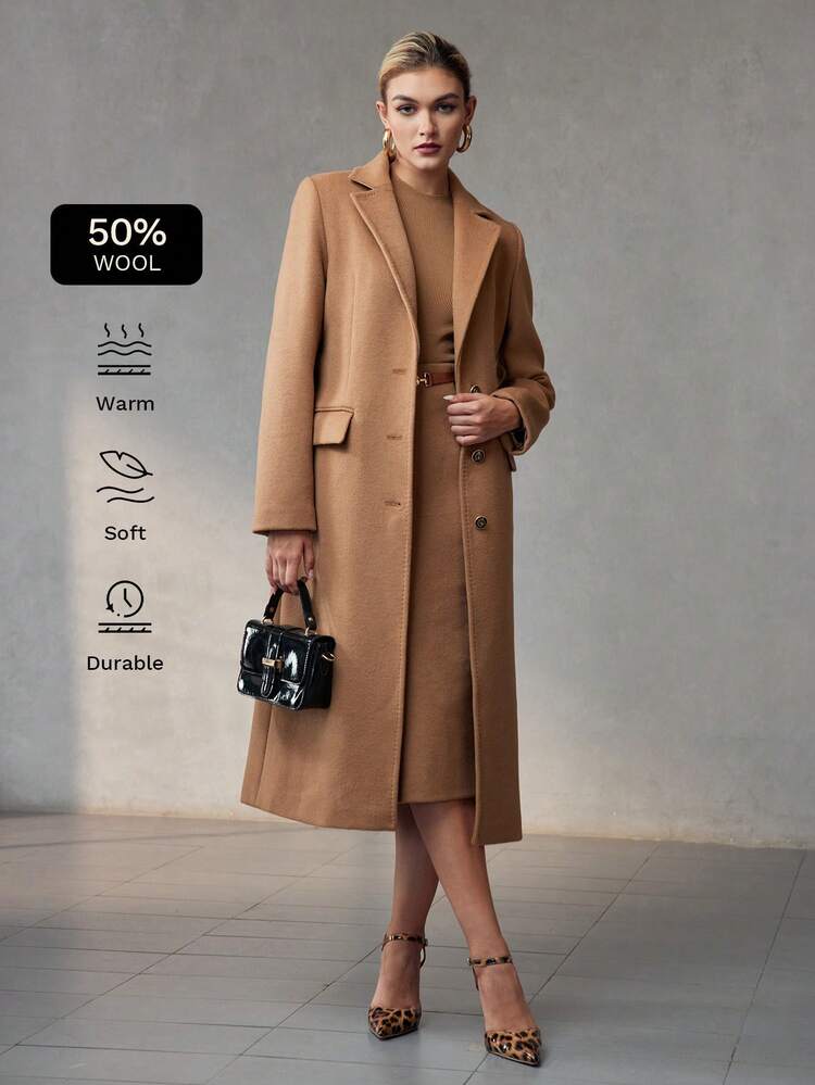 WOOL LAPEL COLLAR FLAP DETAIL BELTED LONG OVERCOAT