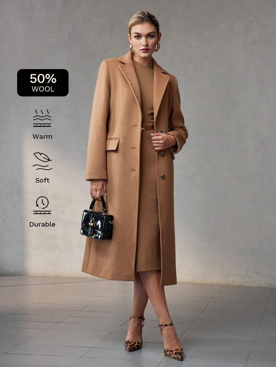 MOTF PREMIUM WOOL LAPEL COLLAR FLAP DETAIL BELTED LONG OVERCOAT - Khaki - View 1