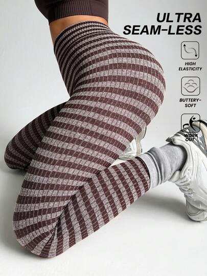 Dewbera 1 st sömlösa randig design sport löpning fitness yoga 3/4 längd leggings