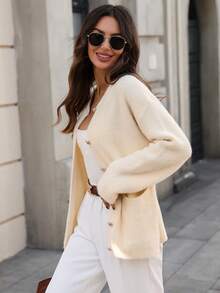 Pariaura Casual Solid Color Cardigan With Dual Pockets, Autumn/Winter Knitted Cardigan For Women Women Sweaters Winter Clothes For Women Sweaters Classic Clothes For Women Neutral Clothes For Women Summer Cardigan For Women - Apricot - View 6