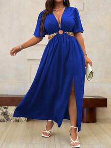 Roveilla Plus Size Women's Solid Color Deep V-Neck Ruffle Sleeve Slit Hem Elegant Dress Maxi Women Outfit - Royal Blue - View 4
