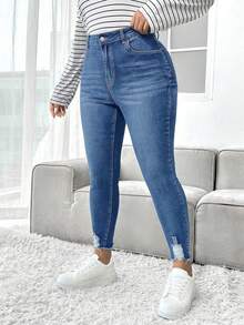 SHEIN ICON Plus Size Casual Distressed Slim Fit Denim Jeans - Medium Wash - View 4