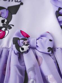 HELLO KITTY AND FRIENDS | SHEIN 年轻女孩可爱卡通图案撞色网眼荷叶边泡泡袖甜美连衣裙 - 紫色 - 查看 7
