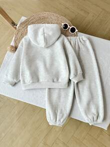 Leap Crew 2件套男童可爱灰色字母印花长袖卫衣和裤子套装，秋冬季 - 淺灰色 - 查看 2