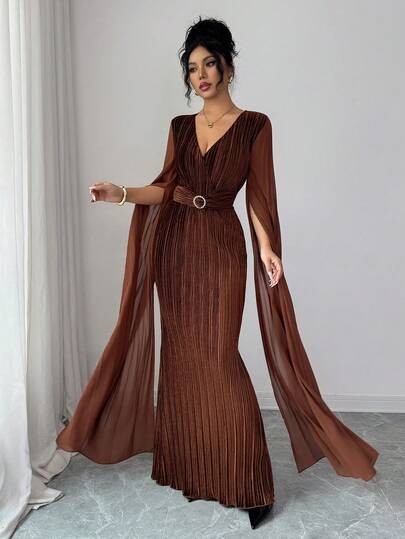 SHEIN Elenzya Elegant V-Neck Ruched Waist Ruched Fabric Long Sleeve Romantic Dress For Women
