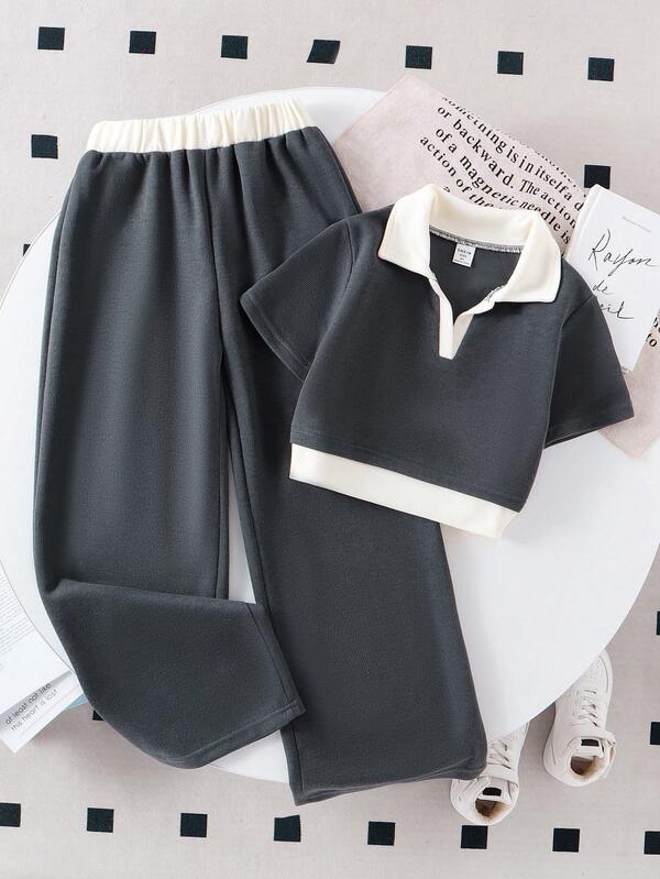 Tween Girl Gray Cropped Top Paired With Casual Long Pants