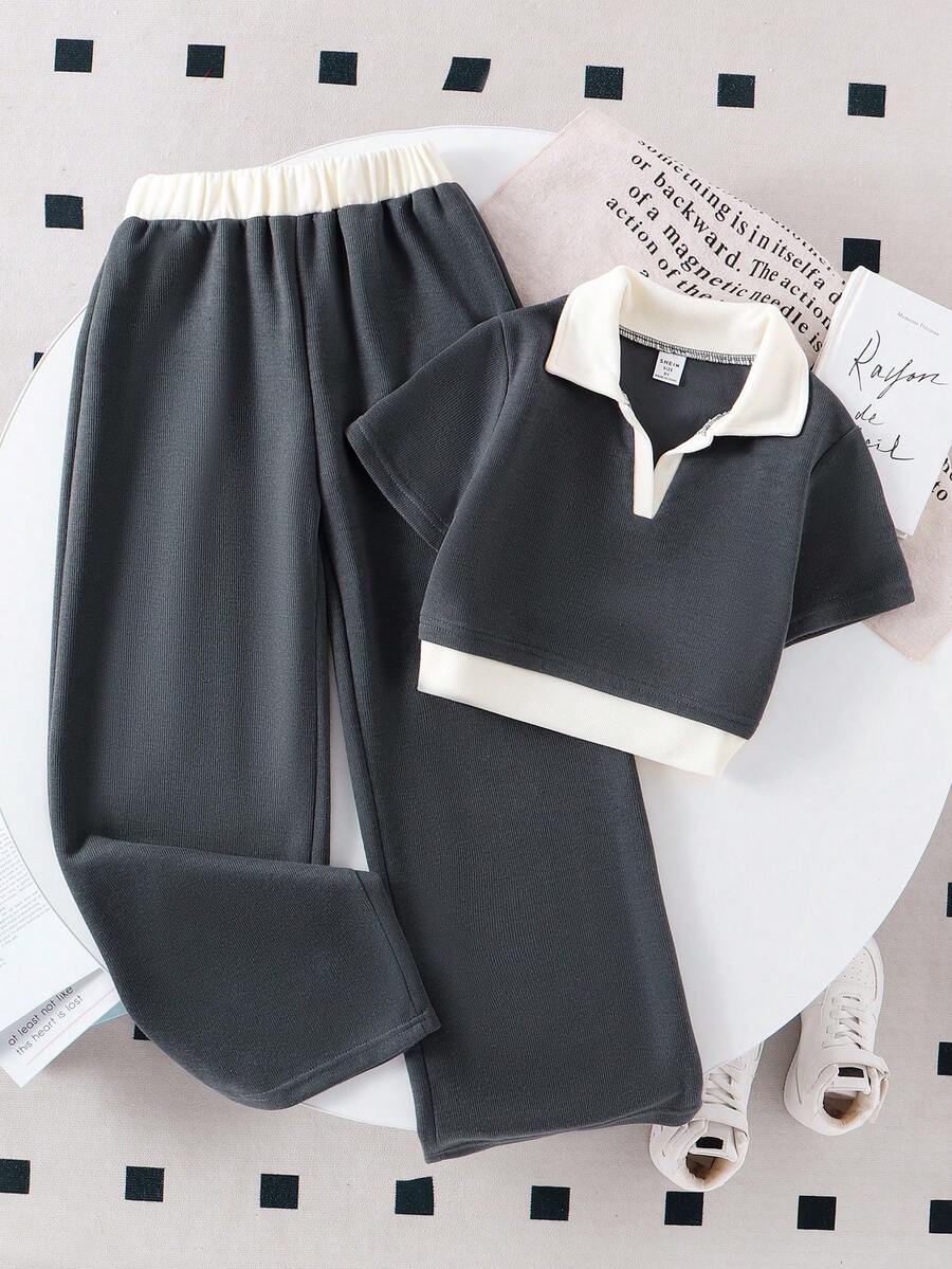 青少年女孩灰色短款上衣搭配休闲长裤