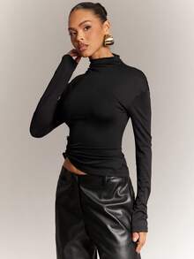 Hauture Women's High Neck Casual Long Sleeves Top With Ruched Detail At Waist - Black - View 5