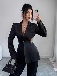 Rafferiza Autumn/Winter Fashion Birthday Party Evening Elegant Metal Tassel Hollow Out Waist Padded Shoulder Women Jacket - Black - View 5