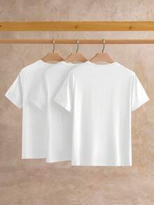 Manfinity NXTstreet 3 件装男士休闲纯色针织短袖 T 恤，适合日常穿着 - 白色 - 查看 2