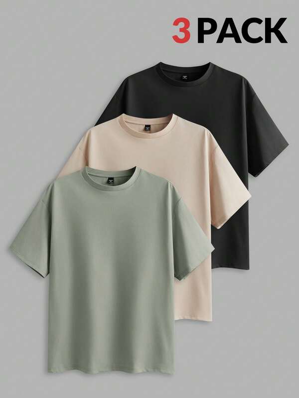 EASEVO 3pcs/Pack Men's Plus Size Solid Color Fitted Round Neck Short Sleeve T-Shirt, Casual Knit For Summer Everyday Wear