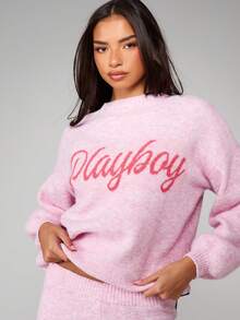 Missguided x Playboy Markierte Schrift Melange Strick Pullover Loungewear für Herbst und Winter