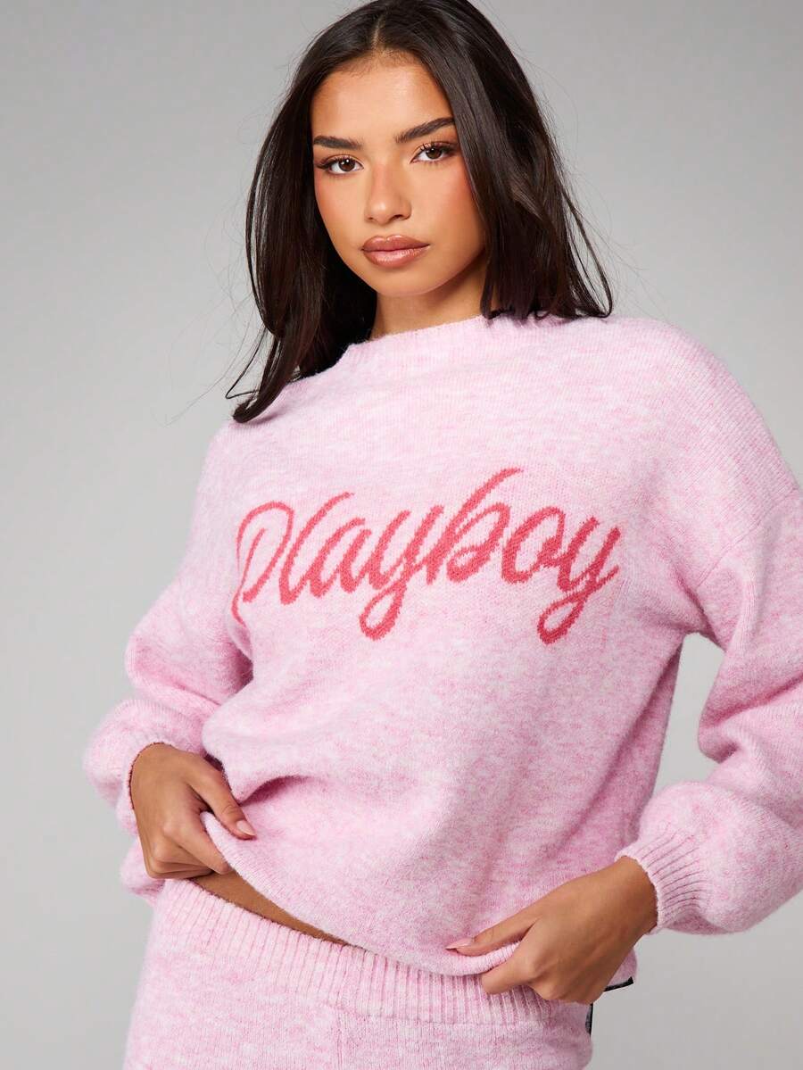 Missguided x Playboy Markierte Schrift Melange Strick Pullover Loungewear für Herbst und Winter