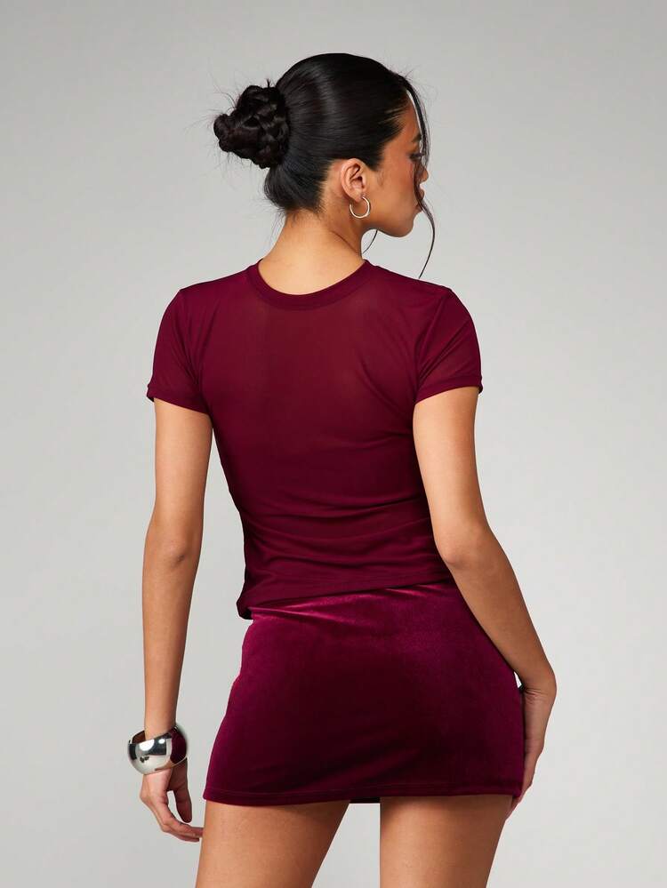 MISSGUIDED Christmas Women's Two Piece Velvet Mini Skirt And Mesh Short Sleeve Top Set Party Outfit Christmas