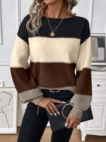 SHEIN LUNE Áo len dài tay cổ tròn phối màu đơn giản dành cho nữ - màu nâu - Xem 7