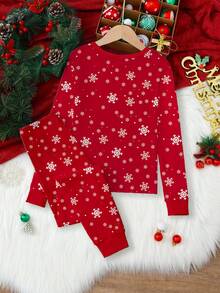 少女圣诞主题红色睡衣，圣诞老人印花搭配雪狐图案，夜光针织弹力长袖上衣和裤子两件套睡衣套装 - 紅色 - 查看 2