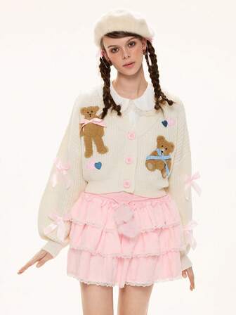 Kawaii Women's Casual V-Neck Cute Bear Embroidered Heart & Bowknot Dropped Shoulder Long Sleeve Cardigan Sweater