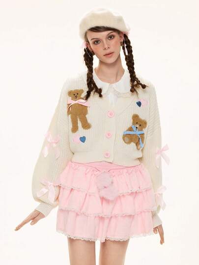 Kawaii Women's Casual V-Neck Cute Bear Embroidered Heart & Bowknot Dropped Shoulder Long Sleeve Cardigan Sweater