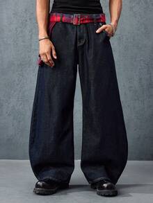 ROMWE MEN Street Life Men's Fashionable Street-Style Plaid Loose Fit Slant Pocket Distressed Jeans - Blue - View 4