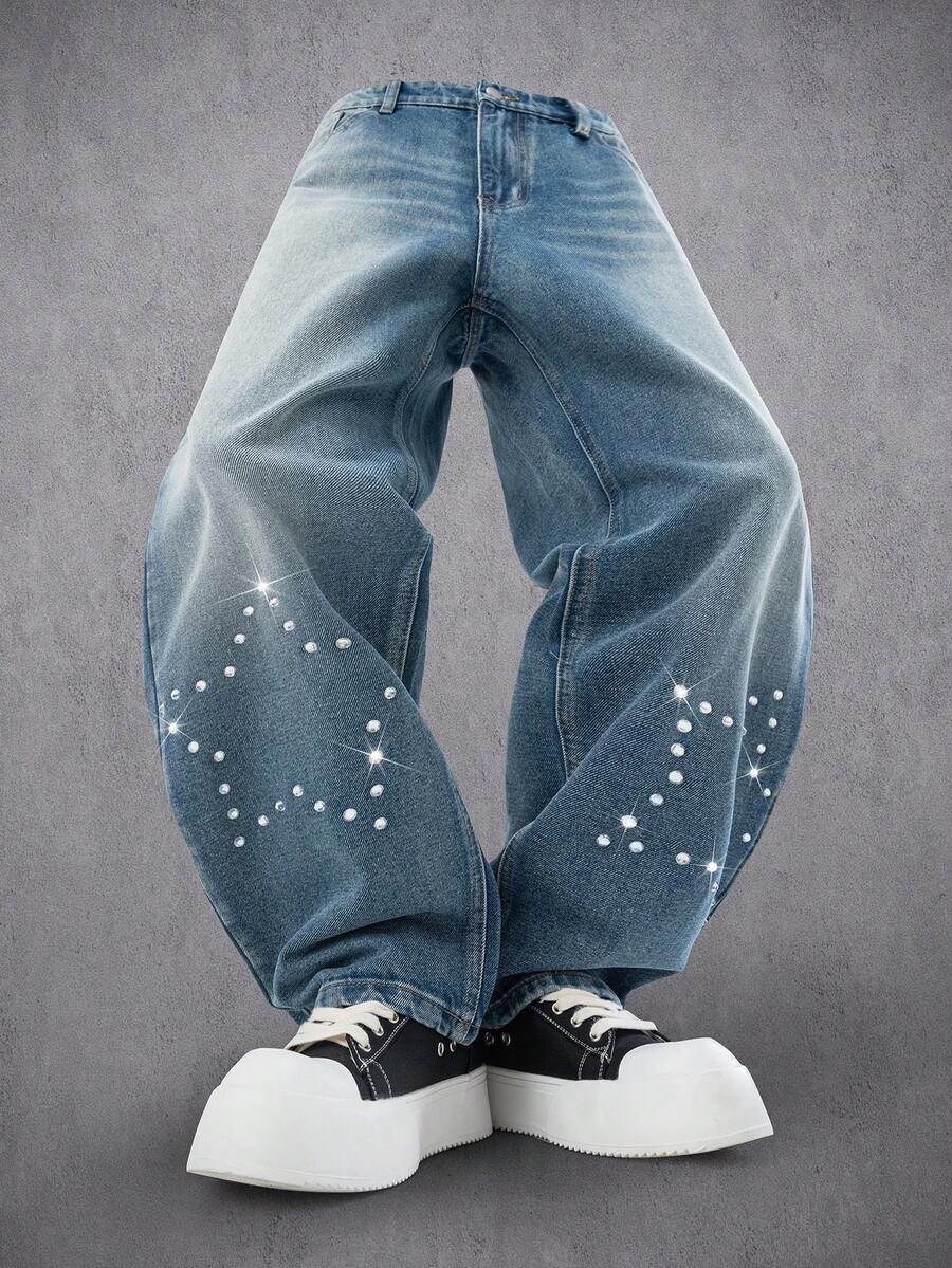Manfinity Denimwave Quần jean ống rộng dáng rộng đính đá pha lê xanh cổ điển dành cho nam - Rửa nhẹ - Xem 1