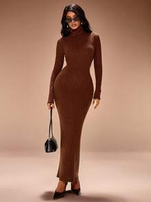 Radiana Vestido longo feminino sexy, minimalista e elegante, marrom café, com gola alta e textura canelada felpuda. Confeccionado em malha de alta elasticidade, modelagem que valoriza a silhueta. Estilo minimalista, confortável e versátil, ideal para passeios casuais, trabalho, festas e até mesmo para o Dia de Ação de Graças. - Castanho Café - Ver 2