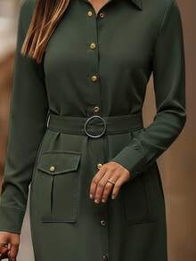 EMERY ROSE Women's Belted Shirt Dress Fall Cloth For Women - Army Green - View 4