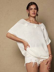 Freevana 大码女式纯色蝙蝠袖花卉装饰优雅套头毛衣 - 白色 - 查看 5