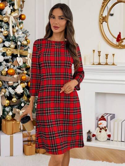 EMERY ROSE Damen Farbblock Karomuster Rundhals Langarm Kurzes Kleid