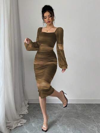 Rafferiza Women's Long Leopard Print Mesh Dress, Long Sleeve, Casual/Work Wear, Graduation Outfit