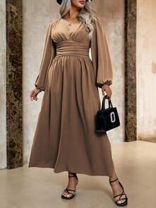 Roveilla 大码休闲纯色灯笼袖侧开衩连衣裙，春秋季女士长款套装 - 摩卡棕 - 查看 7