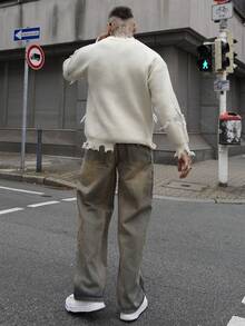 Artur Kramer 1 件男士破洞阔腿牛仔裤，美式复古破洞高街休闲宽松长裤（产品不包含腰带和配饰），Emo 风格 - 藍色 - 查看 2