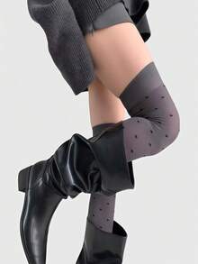 ROMWE Kawaii 1 Đôi tất dài đến gối họa tiết chấm bi Y2K Retro theo phong cách Pop Art tối giản màu xám đậm dành cho nữ, thích hợp cho đi học, thường ngày, đi làm, hẹn hò, v.v. - Màu xám đen - Xem 3