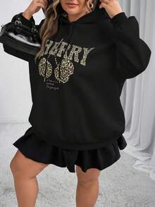 SHEIN CURVE+ 休闲简约豹纹和樱桃印花连帽宽松厚款女士运动衫，秋冬女装，冬季，CURVE PLUS - 黑色 - 查看 4