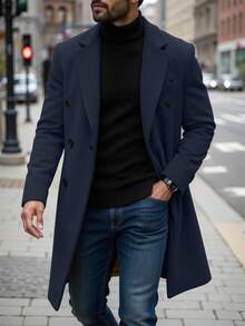 Manfinity Homme Men's Solid Color Pocket & Button Front Long Sleeve Overcoat, Autumn Fall Men Long Overcoat Navy Blue Men Overcoats Fall Winter For Men - Navy Blue - View 1