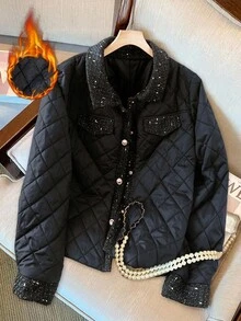 GlowEve CURVE 大码女式极简领拼接长袖薄款冬季外套，适合日常外出和通勤。 - 黑色 - 查看 1