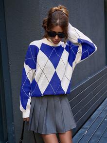 EURMUSE Women Mock Neck Diamond Pattern Drop Shoulder Pullover - Royal Blue - View 5