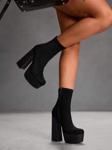 CUCCOO SZL 女士黑色绒面厚底防水弹力简约正式侧拉链踝靴，适合圣诞节穿着 - 黑色 - 查看 7