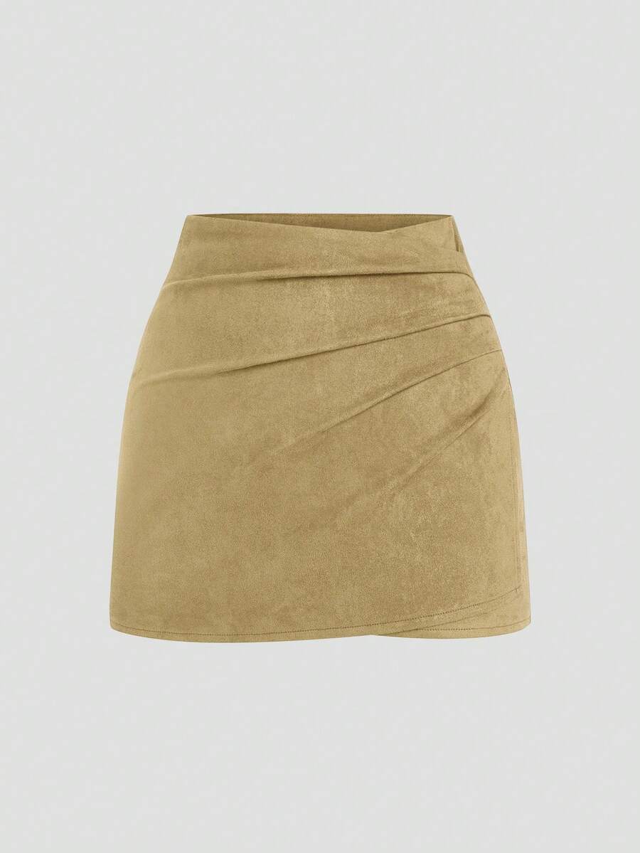 Sweetra Brown Pleated Asymmetric Decorative Zipper Back Faux Suede Fuzzy Short Skirt, Minimalist Commuter Style, Plus Size, Autumn/Winter - Khaki - View 1