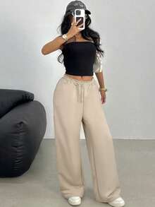 SHEIN Teen Girls Casual Loose Fit Low Waist Elastic Waistband Wide Leg Sweatpants, Versatile For Spring, Summer, Autumn, Winter