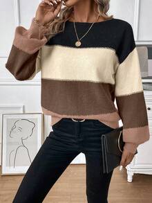 SHEIN LUNE Áo len dệt kim dáng rộng trễ vai màu tương phản, thường ngày đi làm cho nữ, mùa thu/đông - Màu Khaki - Xem 7