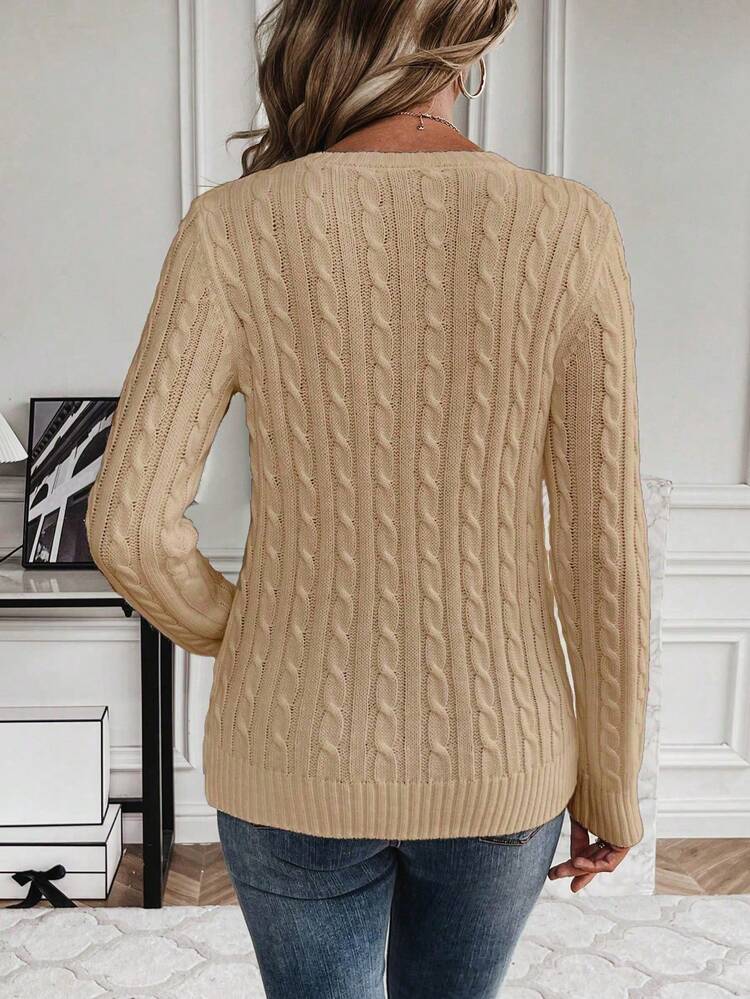 EMERY ROSE Women's Solid Color Minimalist Long Sleeve Knit Sweater, Everyday Wear - Khaki - View 2