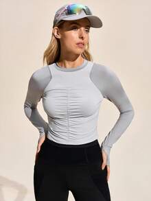 Exploreva Áo thun thể thao ngoài trời dài tay họa tiết xếp ly lỗ xỏ ngón tay cái phía trước đa năng, thoải mái - Nhiều màu - Xem 1