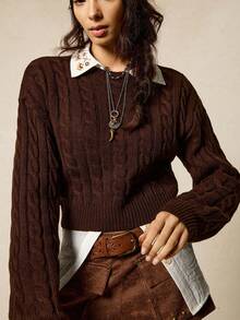 SoleilVie Solid Color Drop Shoulder Long Sleeve Casual Cable Knit Pullover Sweater - Bronze - View 3